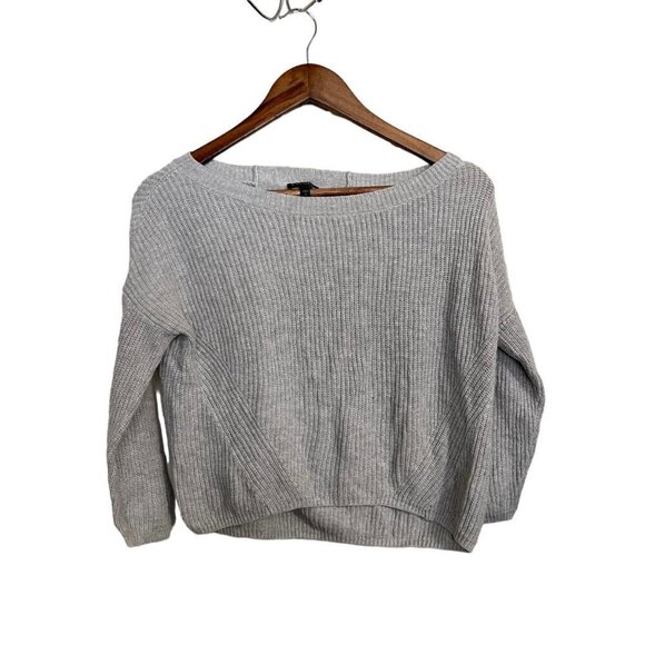 Express Womens Gray Knit Ribbed 3/4 Sleeve Cropped Cut Out Back Sweater Small - Picture 2 of 6